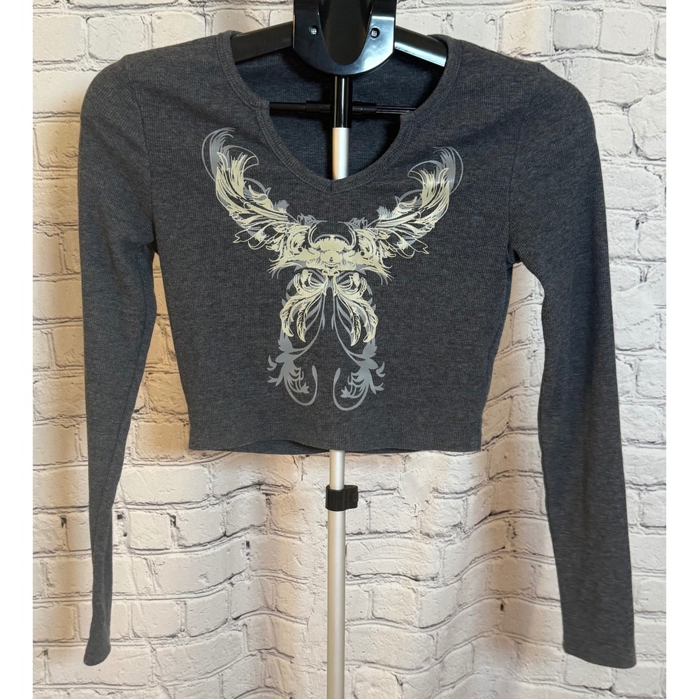 Romwe Womens Charcoal Gray Graphic Print Long Sleeve Notch Neck Crop Top Size M